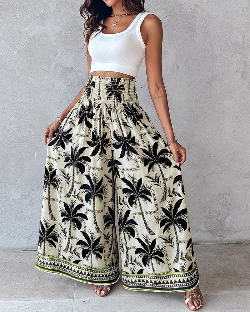 Vintage Plants Print High Waist Shirred Elastic Waist Wide Leg Pants