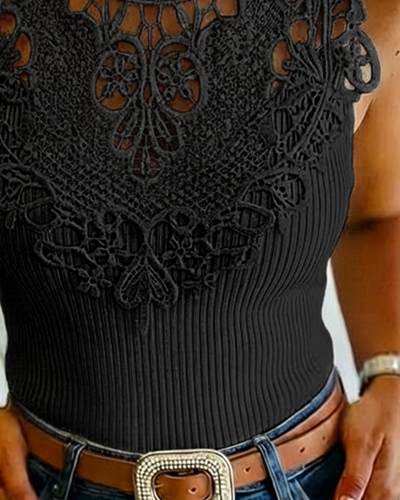 Mock Neck Sleeveless Guipure Lace Spliced Tank Slim Fit Ribbed Knit Top