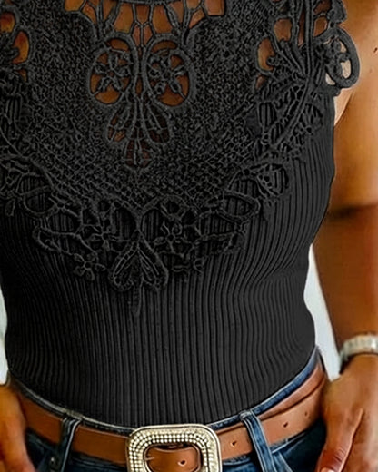 Mock Neck Sleeveless Guipure Lace Spliced Tank Slim Fit Ribbed Knit Top