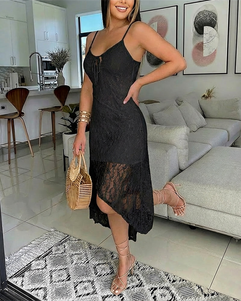 V-Neck Adjustable Spaghetti Straps Tie Front Asymmetrical Hem Dress Casual Hollow-out Front Backless Textured Lace Overlay Party Dress