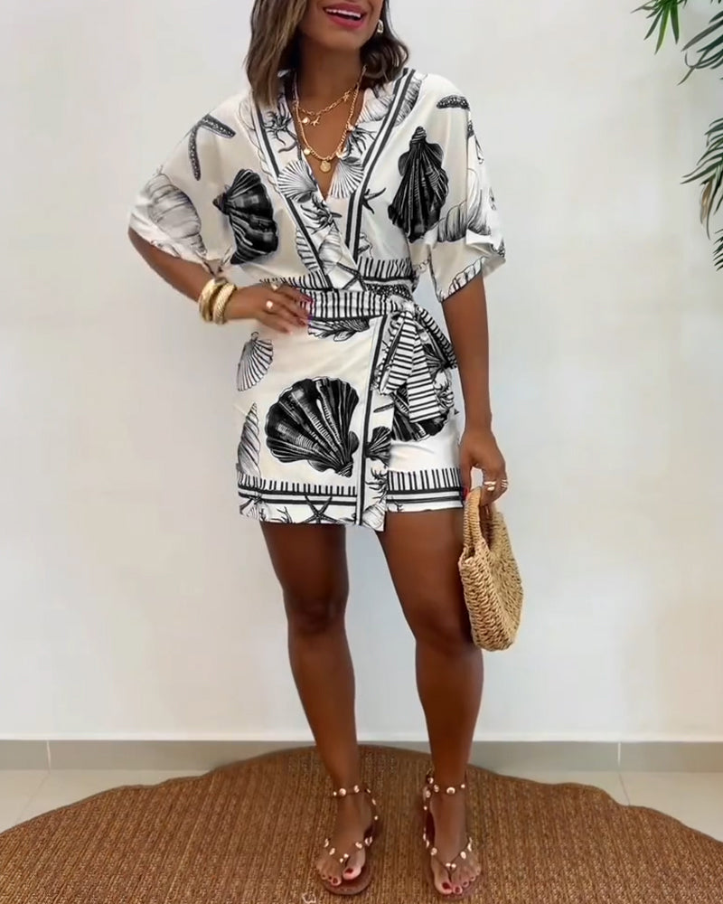 Starfish & Seashell Print Overlap V Neck Half Sleeve Wrap Knot Side Romper Casual Stretchy Back Waist Vacation Romper