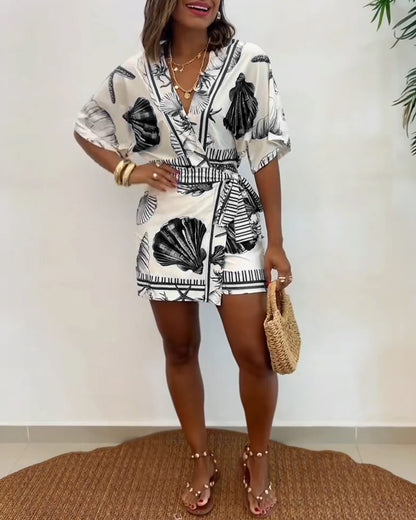 Starfish & Seashell Print Overlap V Neck Half Sleeve Wrap Knot Side Romper Casual Stretchy Back Waist Vacation Romper