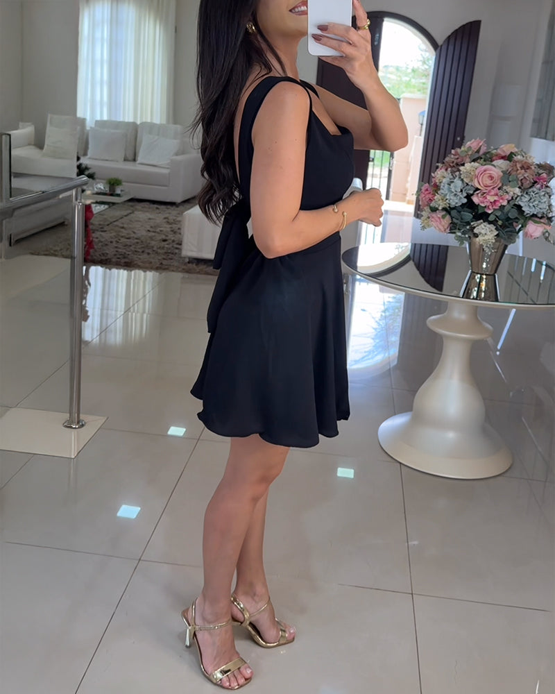 Square Neck Thick Strap Open Back Tie Back Textured Romper Casual Elastic Back Waist Backless Cinched Waist A Line Skorts Romper