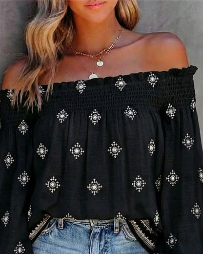 Vintage Tribal Placement Print Shirred Off Shoulder Flared Cuffs Blouse Casual Frill Trim Boho Top