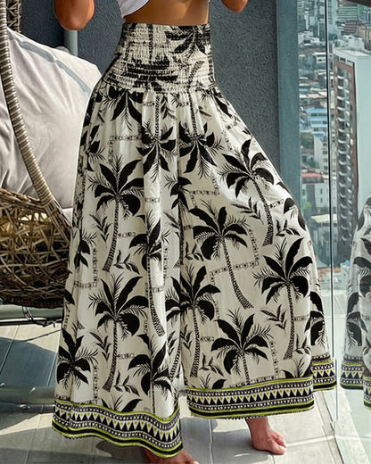 Vintage Plants Print High Waist Shirred Elastic Waist Wide Leg Pants