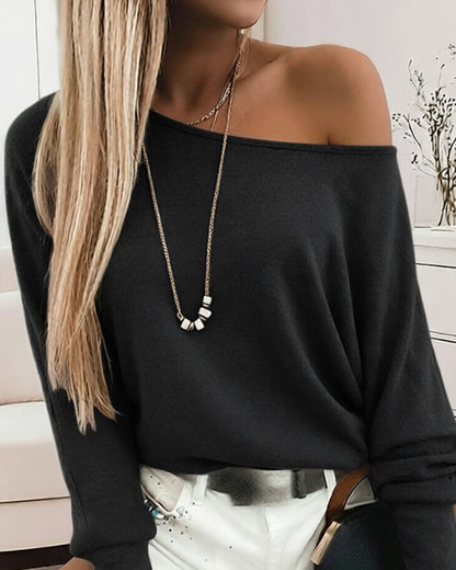 Women's Convertible Shoulder Batwing Sleeve Top Long Sleeve Loose Fit Casual Knit Tee