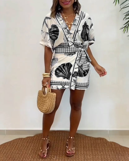 Starfish & Seashell Print Overlap V Neck Half Sleeve Wrap Knot Side Romper Casual Stretchy Back Waist Vacation Romper