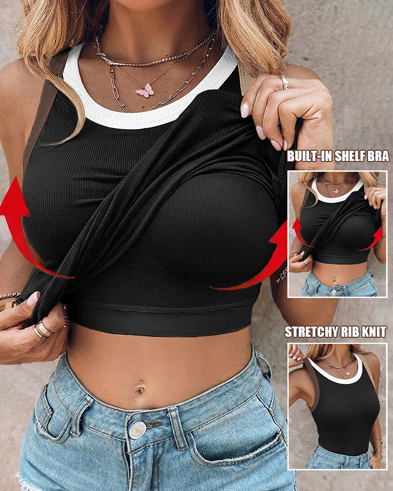 Women's Contrast Binding Tank Top Ribbed Knit Sleeveless Scoop Neck Slim Fit Camisole Top with Built-in Bra