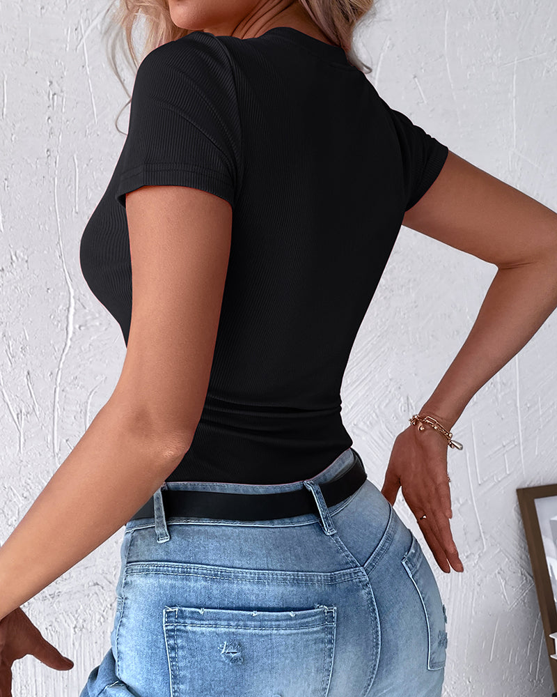 Women's Henley Short Sleeve Top Slim Fit Ribbed Knit Casual T-Shirt