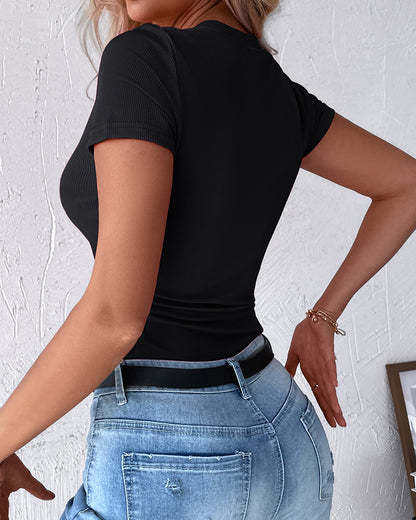 Women's Henley Short Sleeve Top Slim Fit Ribbed Knit Casual T-Shirt