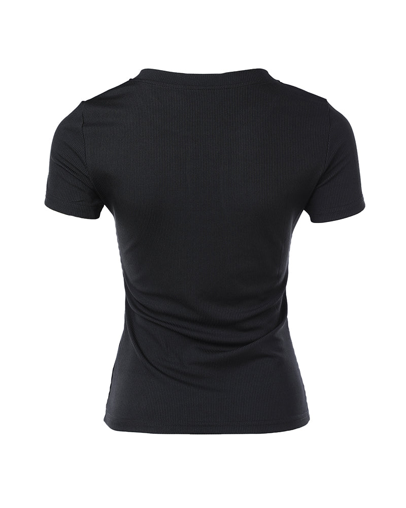 Women's Henley Short Sleeve Top Slim Fit Ribbed Knit Casual T-Shirt