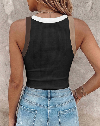 Women's Contrast Binding Tank Top Ribbed Knit Sleeveless Scoop Neck Slim Fit Camisole Top with Built-in Bra