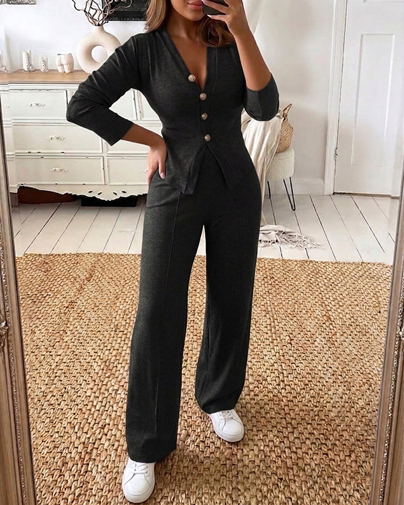 Women's 2 Piece Knit Set V-Neck Button Down Cardigan and High Waisted Wide Leg Pants Casual Loungewear