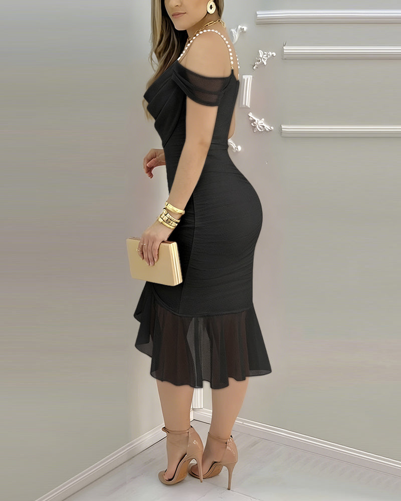 Women's Off Shoulder Mesh Dress Pearl Strap Ruched Bodycon Dress Ruffle Hem Slit Evening Party Dress