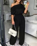 Skew Neck Batwing Sleeve High Waist Overalls Casual Short Sleeve Cinched Waist Wide Leg Jumpsuit