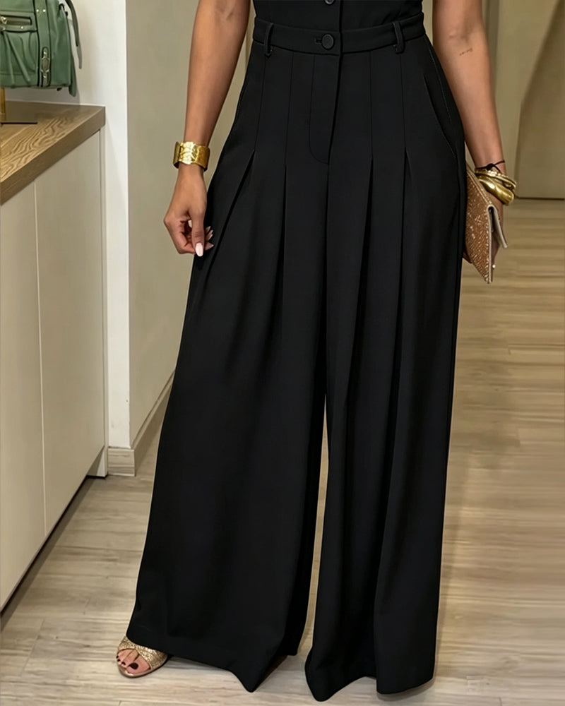 Mono elegante para mujer con solapas, escote en V, mangas cortas, cintura alta y perneras anchas