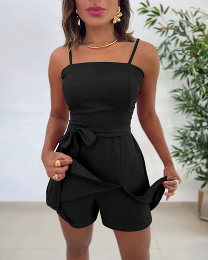 Square Neck Adjustable Spaghetti Straps Shirred Back Side Slit Romper Casual Cinched Waist Cami Skorts Romper with Belt