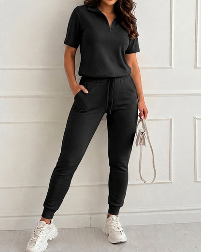 Women's 2-Piece Sporty Set Short Sleeve Half Zip Top and High Waisted Joggers Casual Lounge Outfit with Pockets