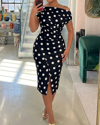 Polka Dot Print Skew Neck Ruched Mid-length Dress Elegant Wrapped Slit Dress