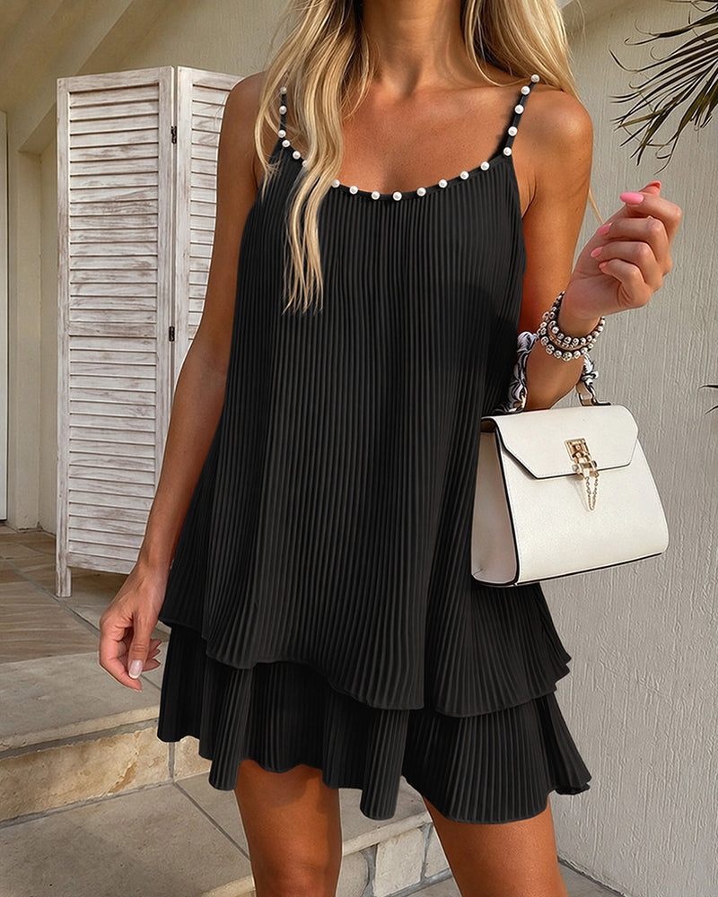 Women's Pearls Embellished Straps Mini Dress Backless Pleated Dress Casual Double Layer Lettuce Trim Cami Sun Dress