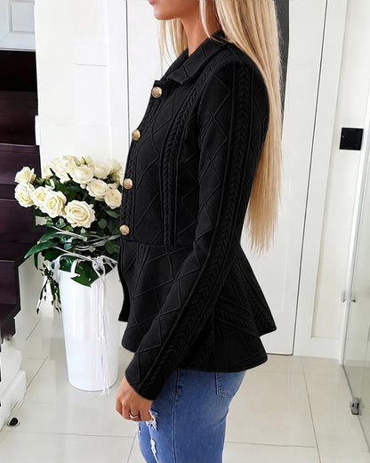 Women's Argyle Cable Knit Jacket Elegant Lapel Collar Gold Button Down Cardigan Ruffle Hem Long Sleeve Coat