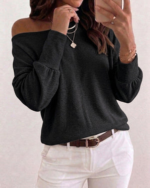Women's Convertible Shoulder Batwing Sleeve Top Long Sleeve Loose Fit Casual Knit Tee