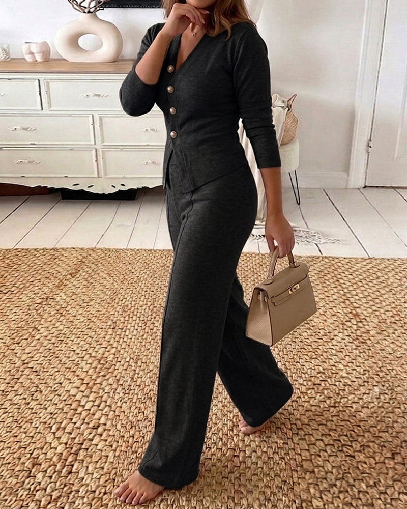 Women's 2 Piece Knit Set V-Neck Button Down Cardigan and High Waisted Wide Leg Pants Casual Loungewear