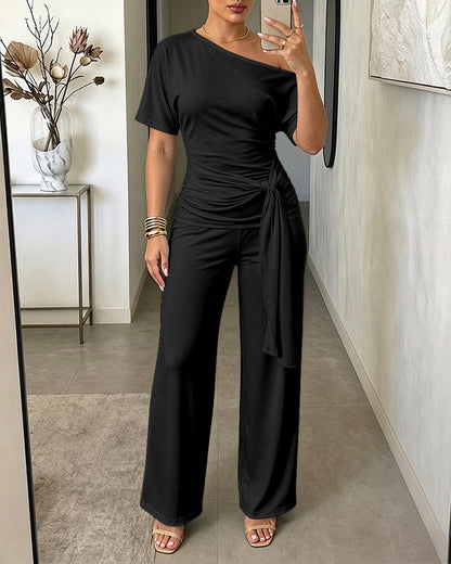 Women's Skew Neck 2 Piece Outfits Ruched Tie Waist Short Sleeve Top and High Waisted Wide Leg Pants Lounge Set