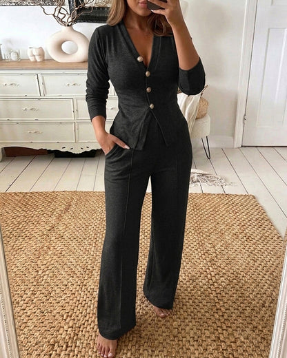 Women's 2 Piece Knit Set V-Neck Button Down Cardigan and High Waisted Wide Leg Pants Casual Loungewear