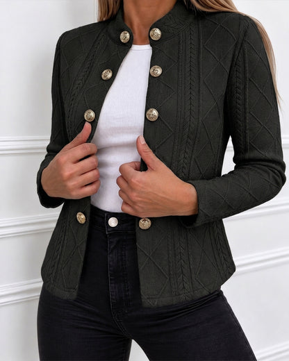 Metal Double Breasted Decor Stand Collar Argyle & Cable Textured Coat