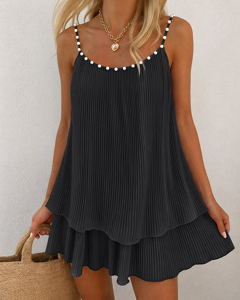 Women's Pearls Embellished Straps Mini Dress Backless Pleated Dress Casual Double Layer Lettuce Trim Cami Sun Dress