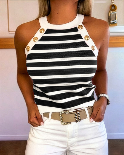 Striped Halter Sleeveless Tank Causal Golden Button Decor Breathable Knit Top