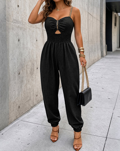 Women's Chain Decor Straps Jumpsuit Hollow Out Shirred Waist Overalls Casual Jogger Jumpsuit with Pockets