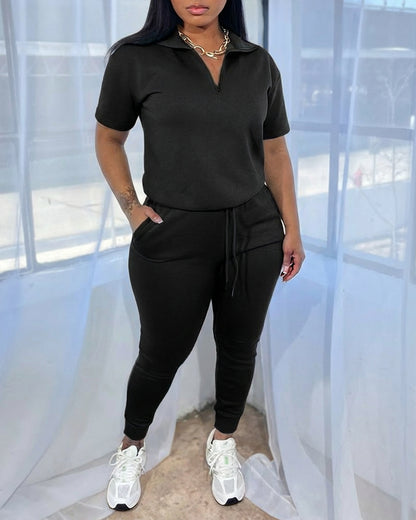 Women's 2-Piece Sporty Set Short Sleeve Half Zip Top and High Waisted Joggers Casual Lounge Outfit with Pockets