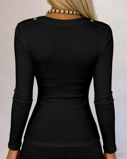Women's Gold Studded Long Sleeve Rib-Knit T-Shirt Slim Fit Round Neck Top