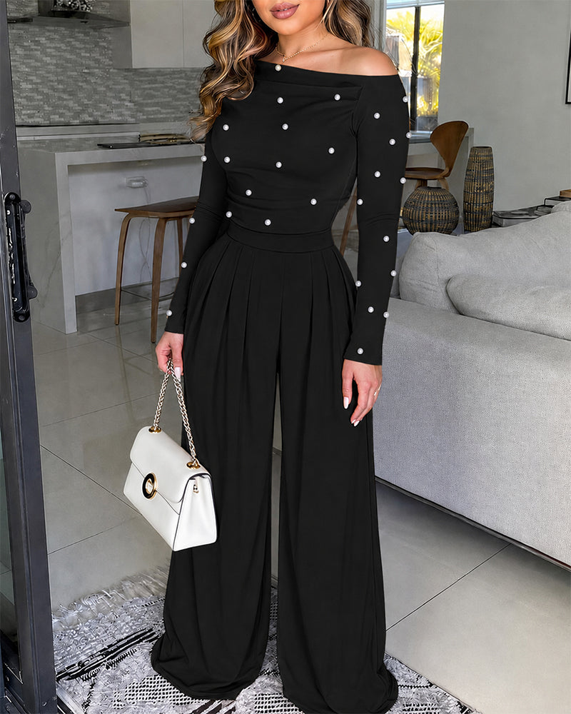 Pearls Decor Skew Neck Long Sleeve Cinched Waist Overalls Casual Ruched Zipper Back Wide Leg Jumpsuit
