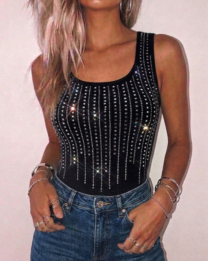 Rhinestone Decor U-Neck Sleeveless Tee Slim Fit Backless Ribbed Tank Top