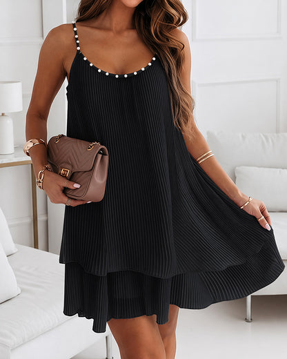 Women's Pearls Embellished Straps Mini Dress Backless Pleated Dress Casual Double Layer Lettuce Trim Cami Sun Dress