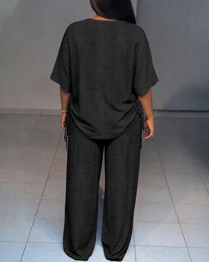 Women's Textured 2 Piece Outfits V Neck Drawstring Ruched Top and Wide Leg Pants Set Casual Loose Loungewear