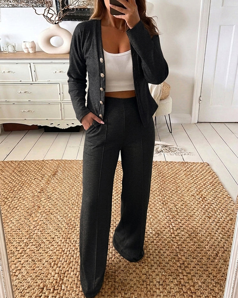 Women's 2 Piece Knit Set V-Neck Button Down Cardigan and High Waisted Wide Leg Pants Casual Loungewear