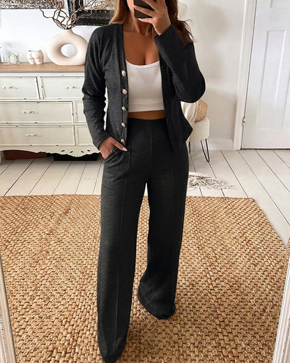 Women's 2 Piece Knit Set V-Neck Button Down Cardigan and High Waisted Wide Leg Pants Casual Loungewear