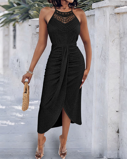 Halter Tie Criss Cross Front Ruched Knit Jacquard Textured Slit Dress Casual Hollow-out Draped Vacation Dress