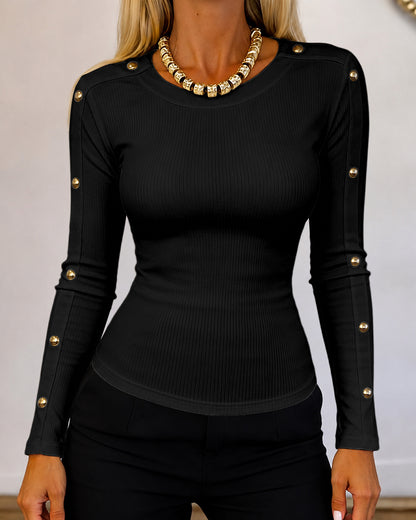 Women's Gold Studded Long Sleeve Rib-Knit T-Shirt Slim Fit Round Neck Top