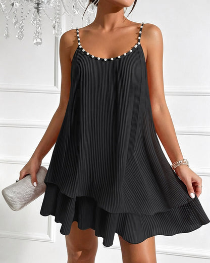 Women's Pearls Embellished Straps Mini Dress Backless Pleated Dress Casual Double Layer Lettuce Trim Cami Sun Dress