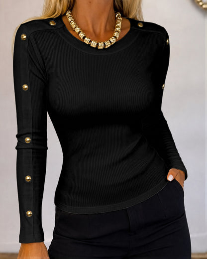 Women's Gold Studded Long Sleeve Rib-Knit T-Shirt Slim Fit Round Neck Top