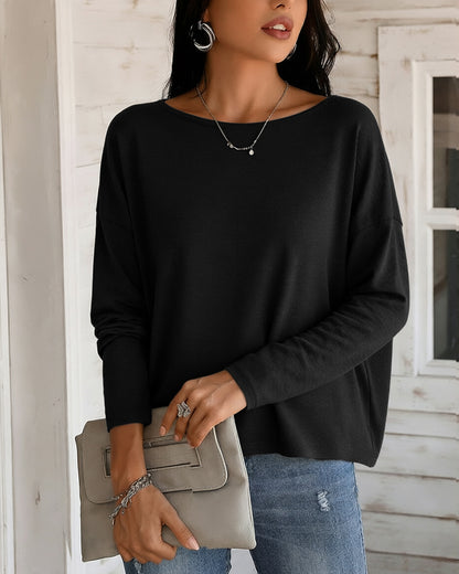 Women's Long Sleeve Knit Top Backless Twist Lace Panel Casual Tee