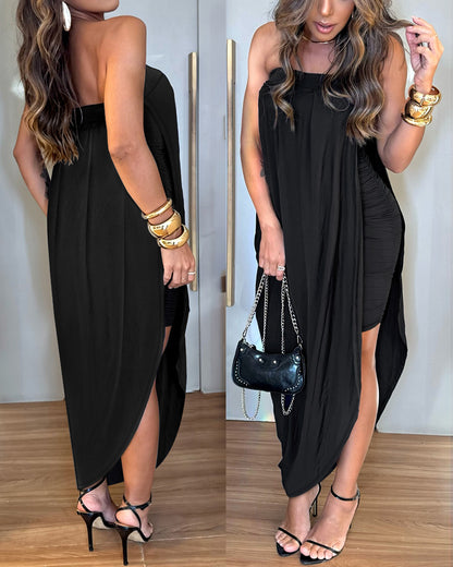 Women's Faux Two-Piece Dress Strapless Tube Dress Ruched Asymmetric Hem Dress with Detachable Clear Straps