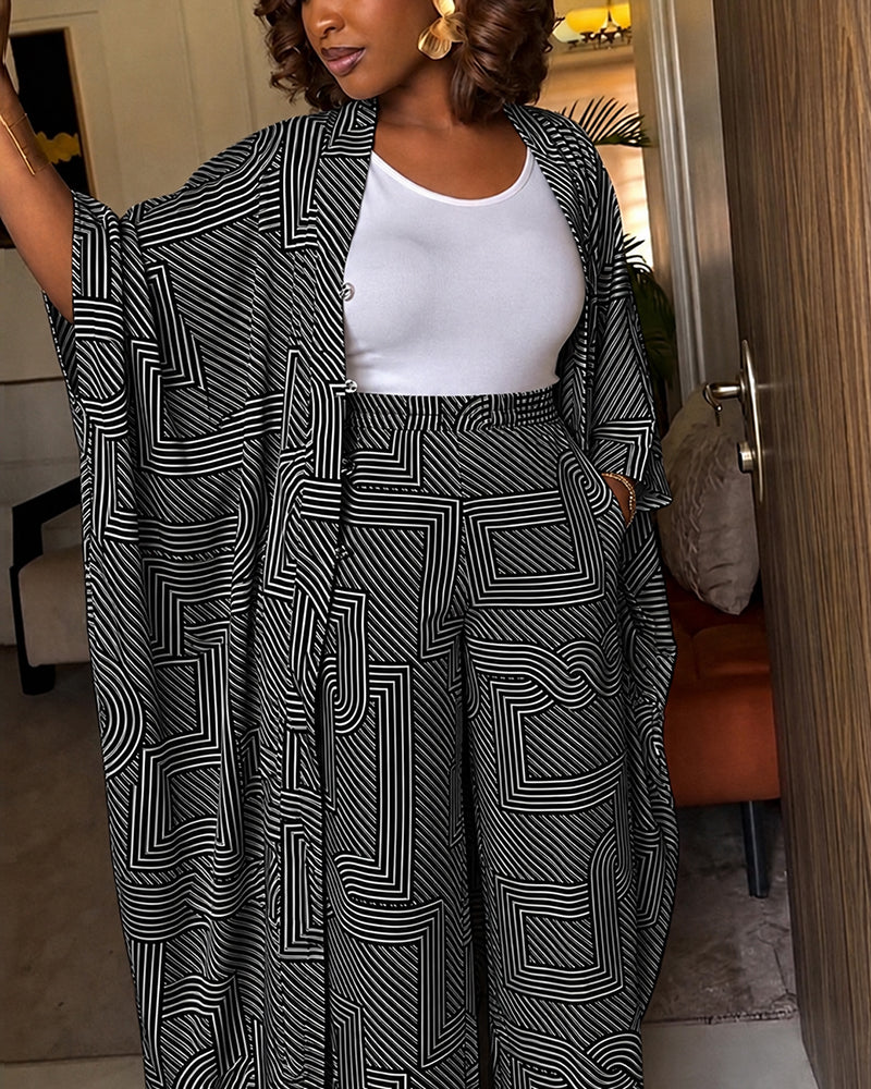 Women's Geometric Print 2 Piece Outfits Batwing Sleeve Loose Longline Coat and High Waisted Wide Leg Pants Set