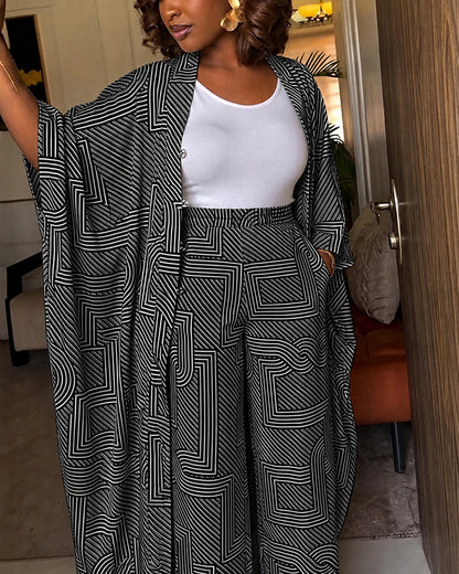 Women's Geometric Print 2 Piece Outfits Batwing Sleeve Loose Longline Coat and High Waisted Wide Leg Pants Set