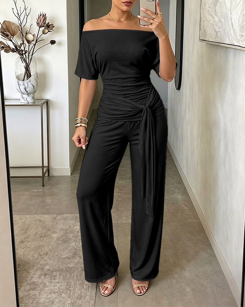 Women's Skew Neck 2 Piece Outfits Ruched Tie Waist Short Sleeve Top and High Waisted Wide Leg Pants Lounge Set